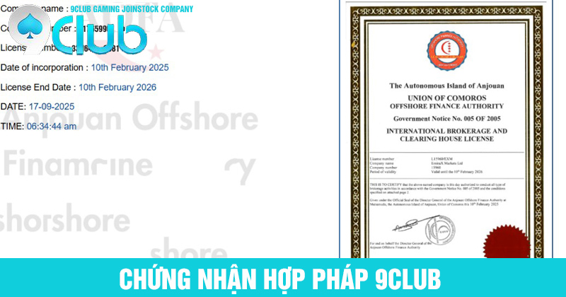 giấy phép hoạt động 9club hợp pháp, minh bạch